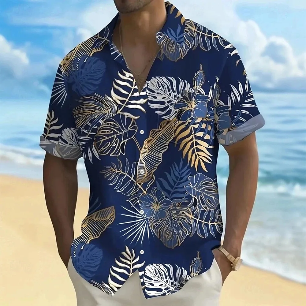 Camicia hawaiana da uomo con stampa di palme Camicie casual estive a maniche corte con risvolto Abbigliamento oversize da viaggio all'aperto maschile