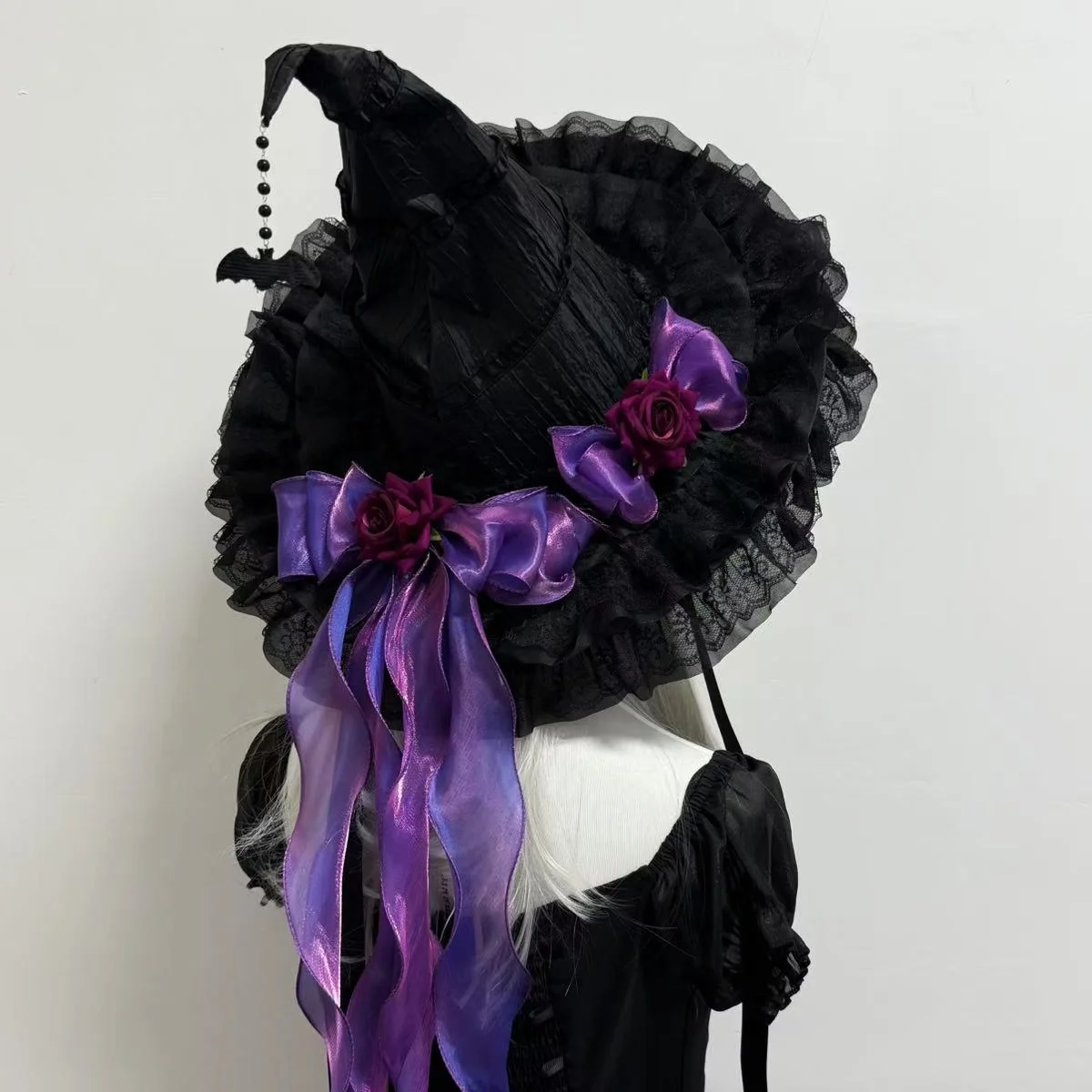 Halloween Witch Hat Lolita Princess Ladies Sun Hat Harajuku Women Girls Gothic Handmade Big Bowknot Bat Fleece Lace Adults Hat