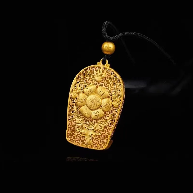 Gold Color Guanyin Bodhisattva God Pendant Simulation Gold Carved Guanyin Buddhist Prayer Good Lucky Necklace for Men and Women