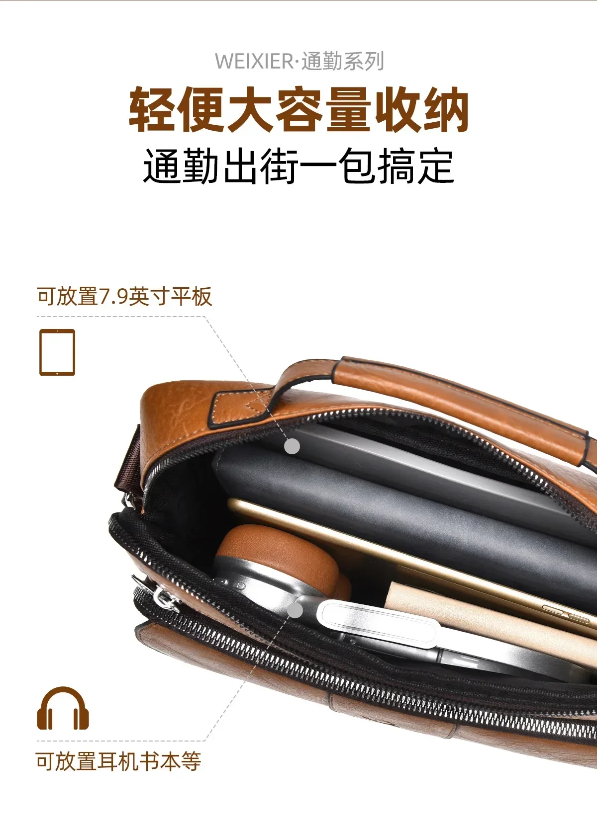 WEIXIER Marken-Herren-Umhängetasche aus PU-Leder mit Großer Kapazität und Mehreren Taschen, Hand- und Schultertasche für Geschäftsreisen und Outdoor-Aktivitäten – Detail 5