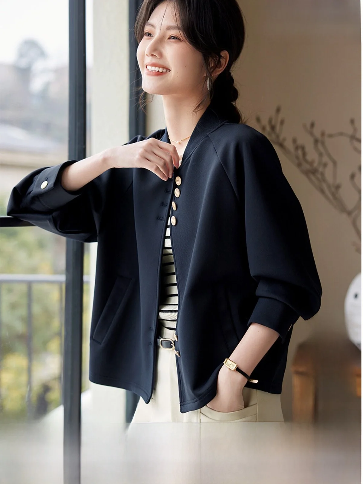 

XWI Women's Baseball Jacket Short Casual Shoulder Sleeve Insert Jacket Spring Autumn Versatile Simple Style Quality Top