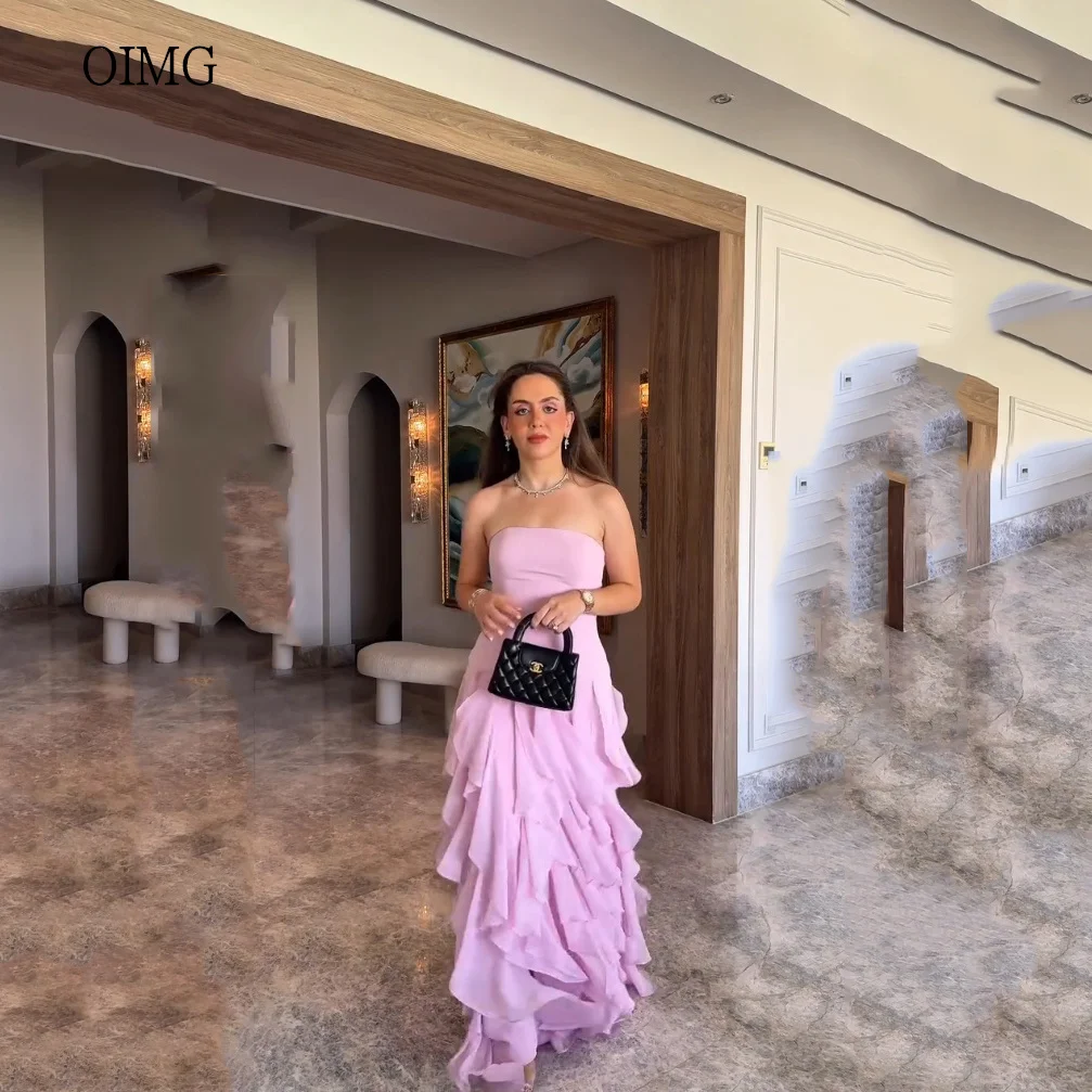 

OIMG Chic Pink A Line Prom Gowns Strapless Tiered Party Gown Chiffon Floor Length Evening Dress 2025 Customized