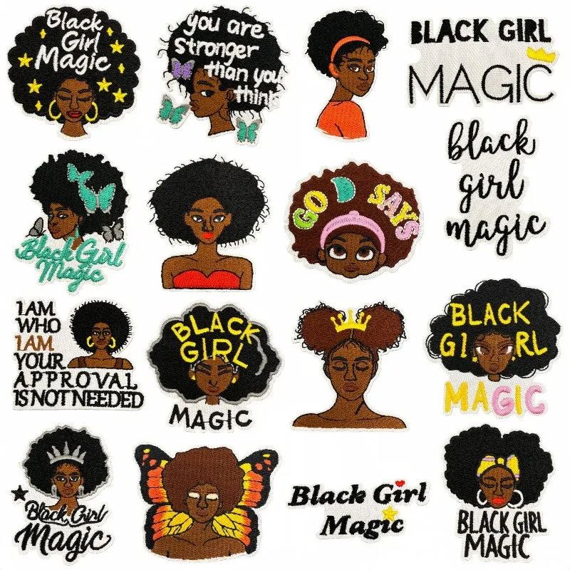 Cartoon Black Girl English Inspirational Decoration Sew Iron on Embroidery Patch Stickers for Clothes Jeans Hat Bags Car Bicycle