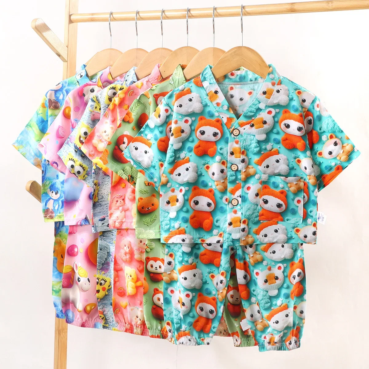 New Kids Summer Thin Pajamas Homewear Boys Girls Cute Cartoon Print Short Sleeve V-neck Pyjamas Casual Sleepwear Clothing Sets