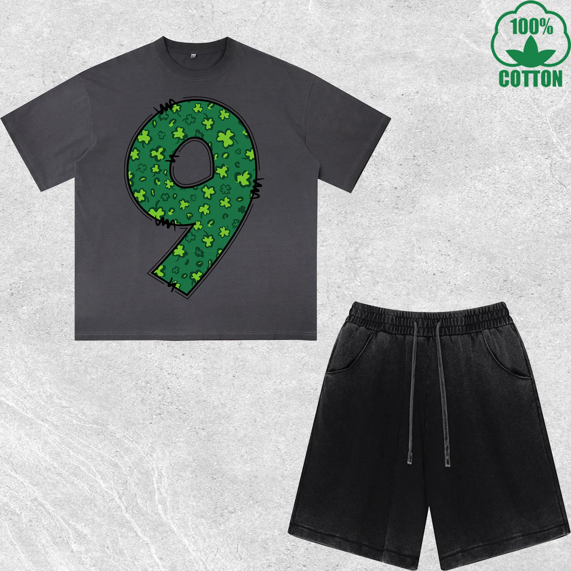 

Luck Letter 9 Printed Dirty Wash T-Shirt Shorts Set Multicolor Combo Loose Trendy Fashionable 100%Cotton Short Value Pack