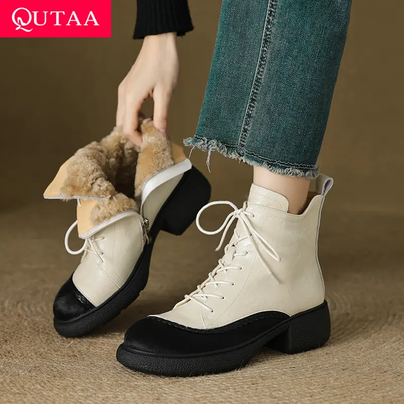 

QUTAA 2026 новости, модные зимние женские ботильоны, шерстяные теплые туфли на молнии, короткие зимние ботинки из коровьей кожи на высоком каблуке с круглым носком, 34-40
