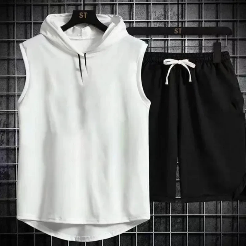 2024 New Men\'s Oversized Tracksuit Set Sleeveless Hood T Shirts Shorts Pants Sports Vest 2 Piece Suits Summer Gym Workout Hoodie