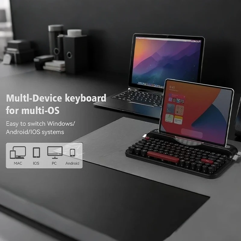 AF84 Wireless Bluetooth Keyboard 84 Keycaps Round Retro Keys Typewriter Office Keyboards W/ Bracket for IPad Membrane Use