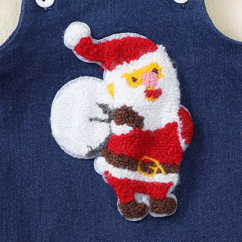 Baby Girls Boys Denim Romper Christmas Tree Santa Embroidered Sleeveless Straps Bodysuits Overalls Christmas Clothes