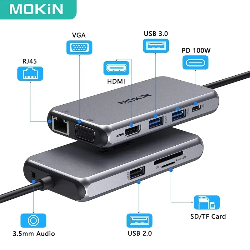 MOKiN 9 in 1 USB C Hub Type C Multiport Adapter HDMI Ethernet VGA PD Port USB 3.0 HUB SD/TF for MacBook Pro Laptops PC Type C