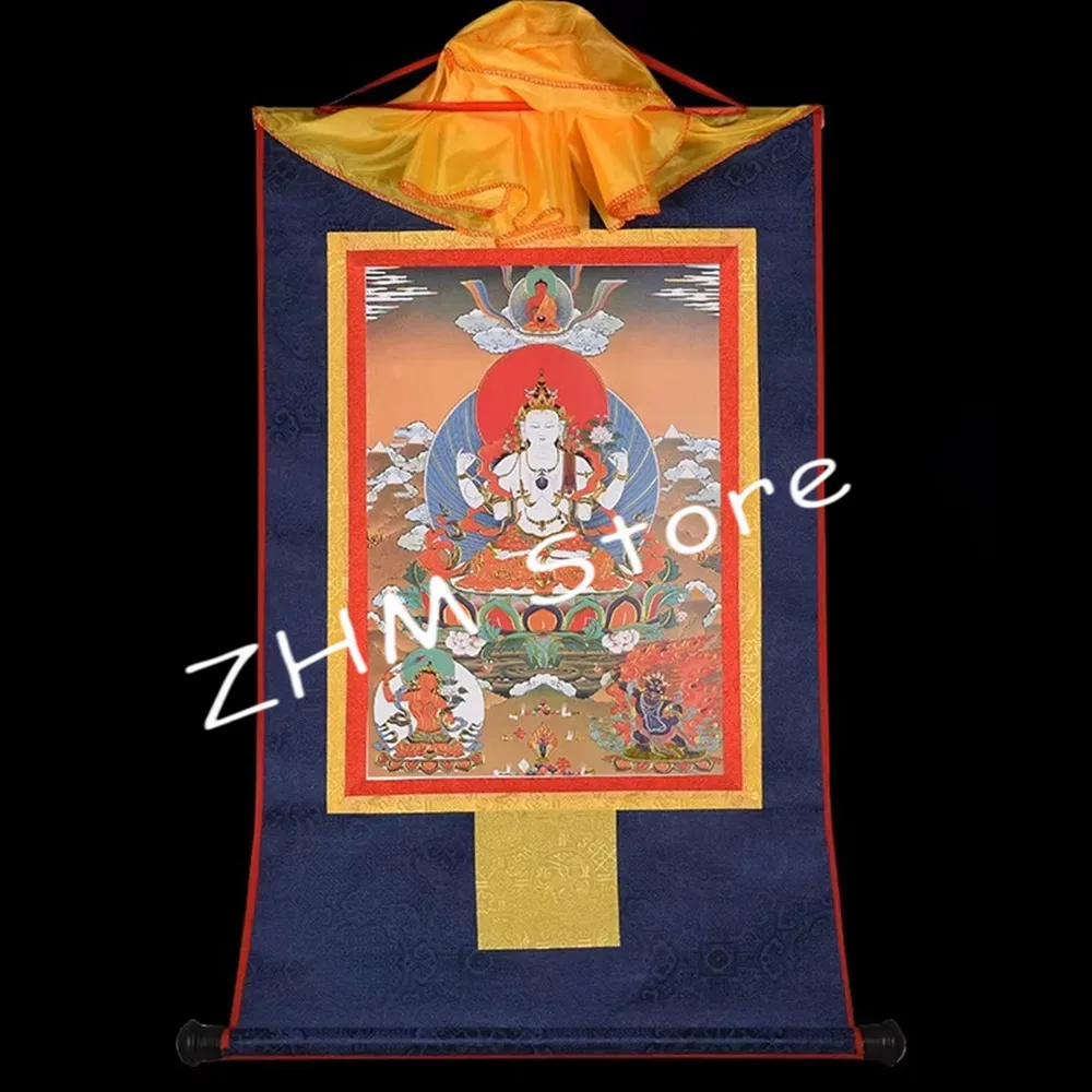 Tibetan Buddhist Four-arms Guanyin/Bodhisattva Painted Tibetan Figurine Decorate Hanging Buddhist Thangka