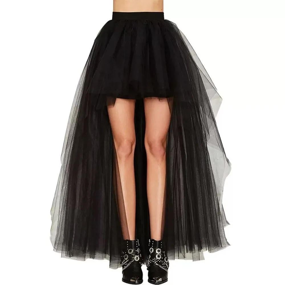 Fashion 4 Layers Tulle Long Petticoat High Low Black Underskirt Breathable Chic Tutu Skirt Women