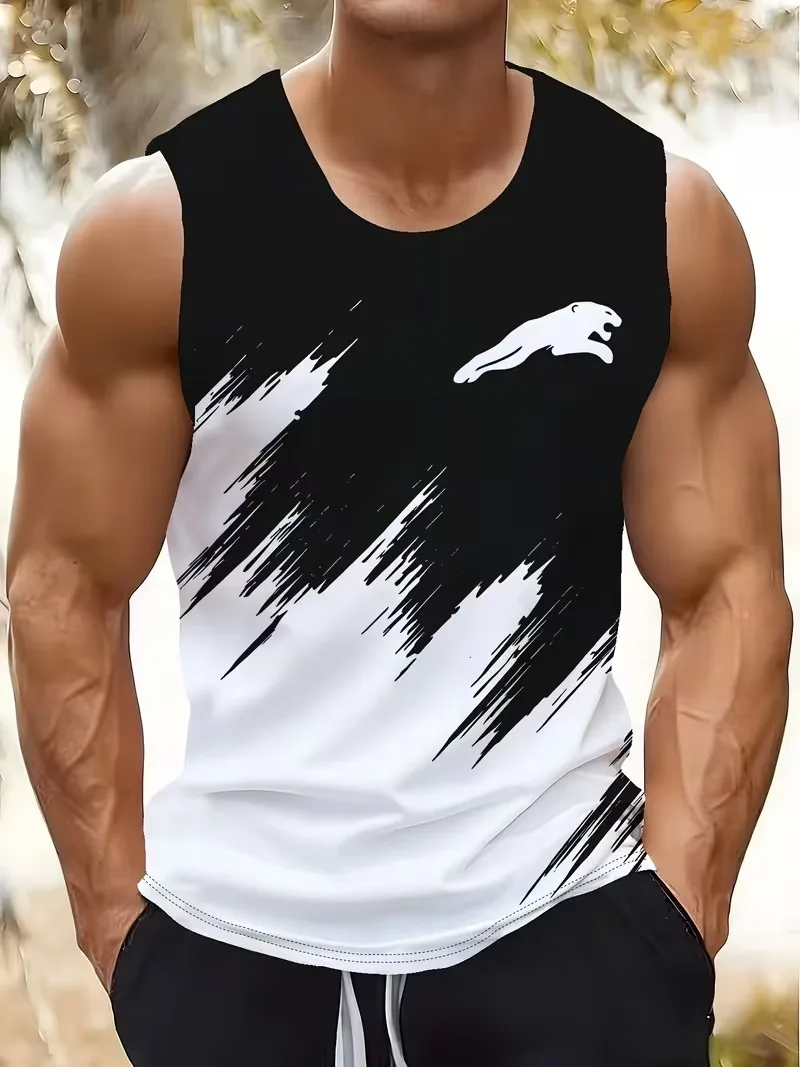 Fashion Black and white minimalism printed sleeveless men vest spring summer breathable fitness
