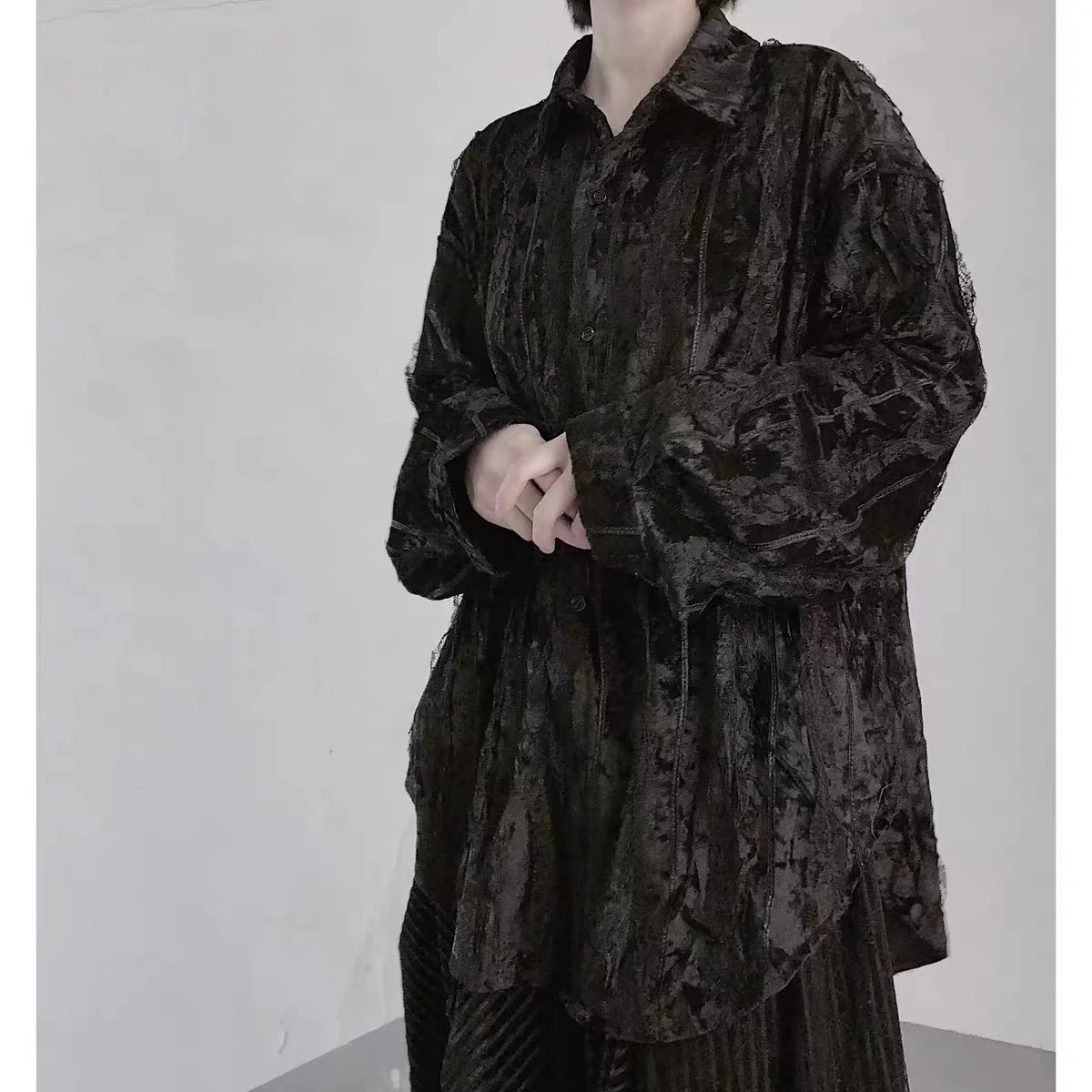 

Dark Velvet Lace Trim Shirt Spring New Style Fairy Atmosphere Design Loose Fit Long Sleeve Stand Collar Unisex Polyester Fiber