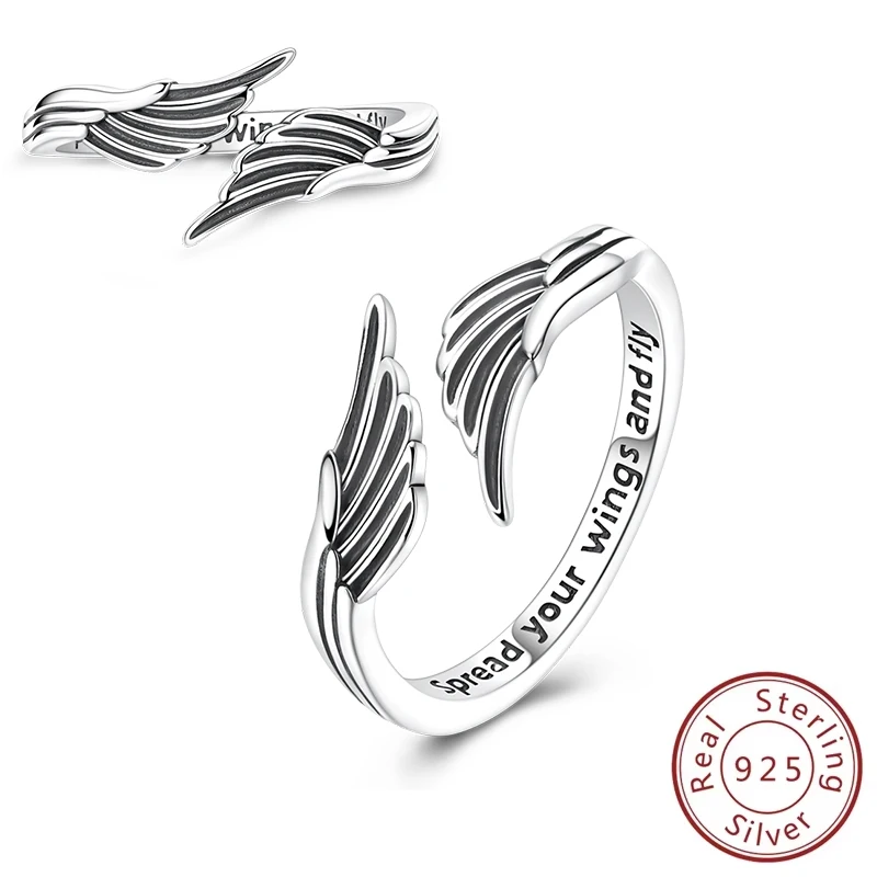 

Original 925 Sterling Silver Spread Flying Brave Angel Wings Open Rings For Women Girls Jewelry Birthday Anniversary Gifts