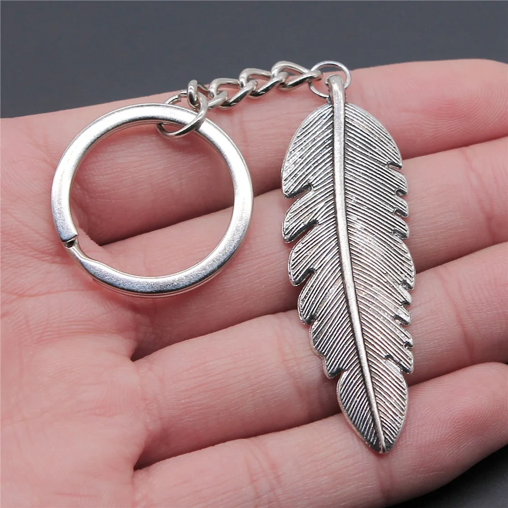 Keychain Dropshipping 2 Colors 56x18mm Big Size Feather Pendant Keychain Vintage Metal Keyring Jewelry For Men