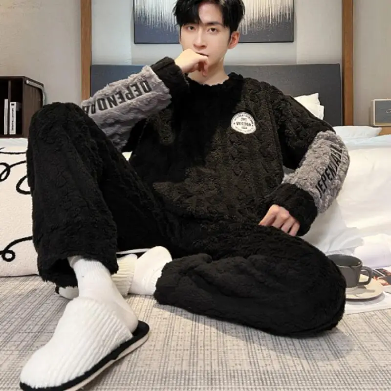 

Man Winter Clothing Pajamas Men Clothing Flannel Autumn Sportswear Youth Casual Wear Y2K Bath Clothes 2Pcs/set Homewear Thicken