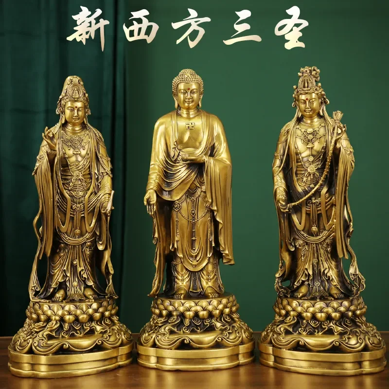Bronze Amitabha Buddha Statue Western Three Saints Sakyamuni Figure Home Decor Ornament Religious Art Craft Gift for Living