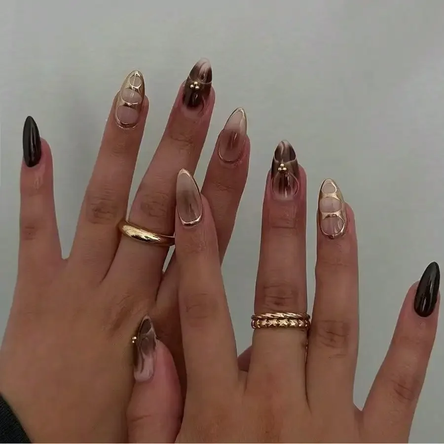 

24Pcs Autumn Brown Ombre 3D Floral Almond Press On Nails, Jelly Glue & Nail File, Reusable Fall Manicure
