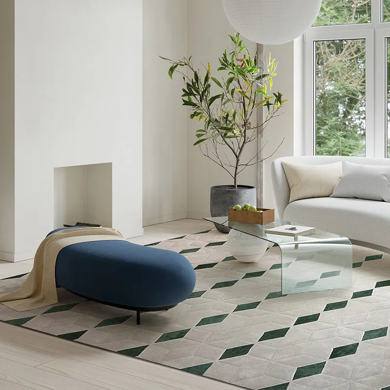 Woven Wool Thick Carpet Simple Geometric Green Color Bedroom Area Rug Nordic Style Modern Sofa Bedside Floor Mat Study Carpet