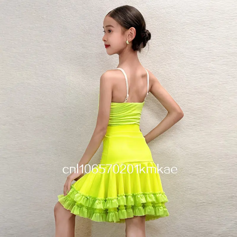 Kids Latin Dance Practice Outfit Girls Performance Costume Children's Advanced Training Clothes A-Line Short Skirt