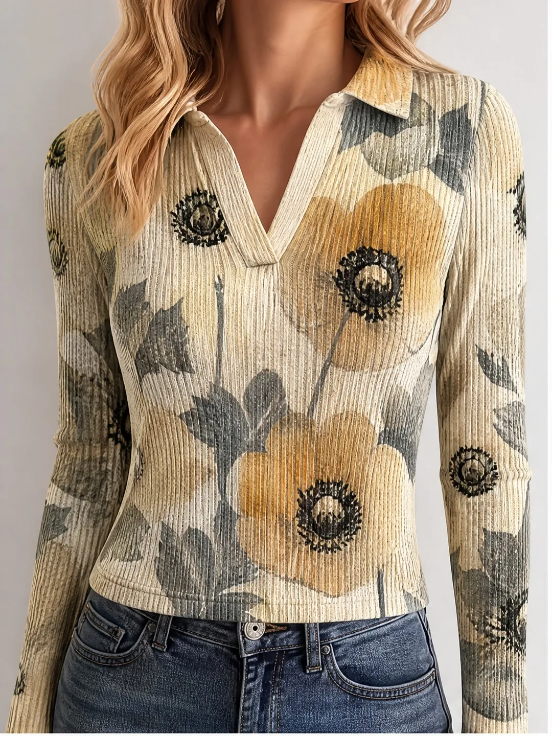 Timeless Womens Long Sleeve Collared V Neck Ribbed Crop Top Figure Flattering Long Sleeve Pullover for Cute Casual Styling Smart