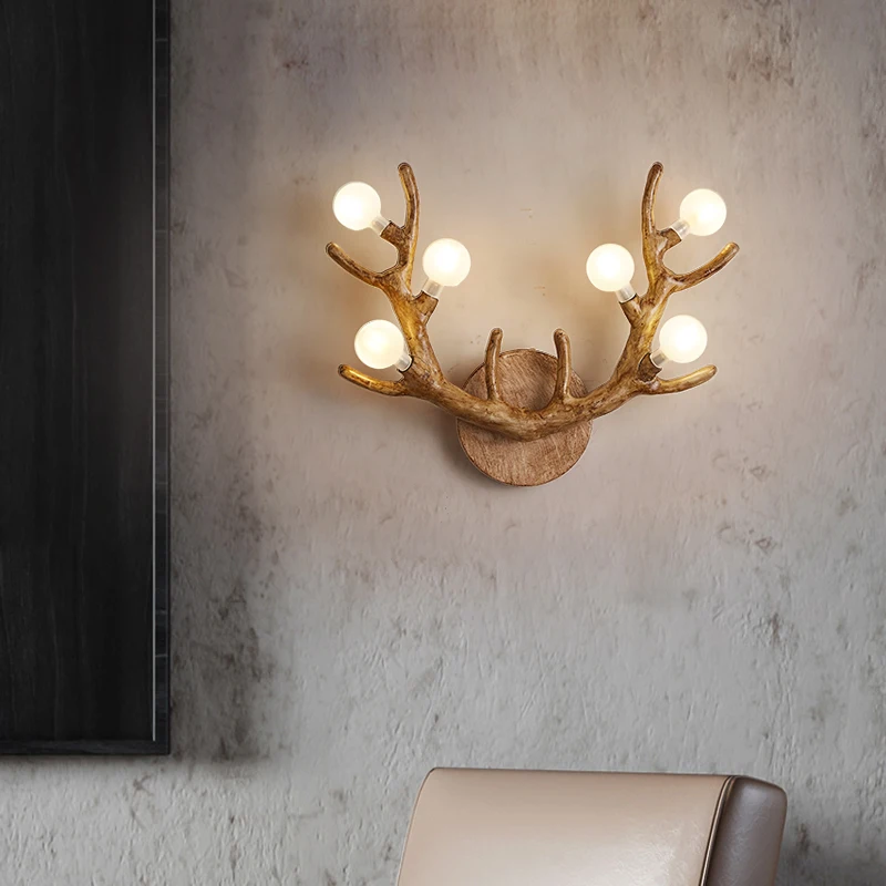 

American antlers wall lamp Nordic living room TV background wall Bedside personalized creative deer head wall lamp Resin lamp