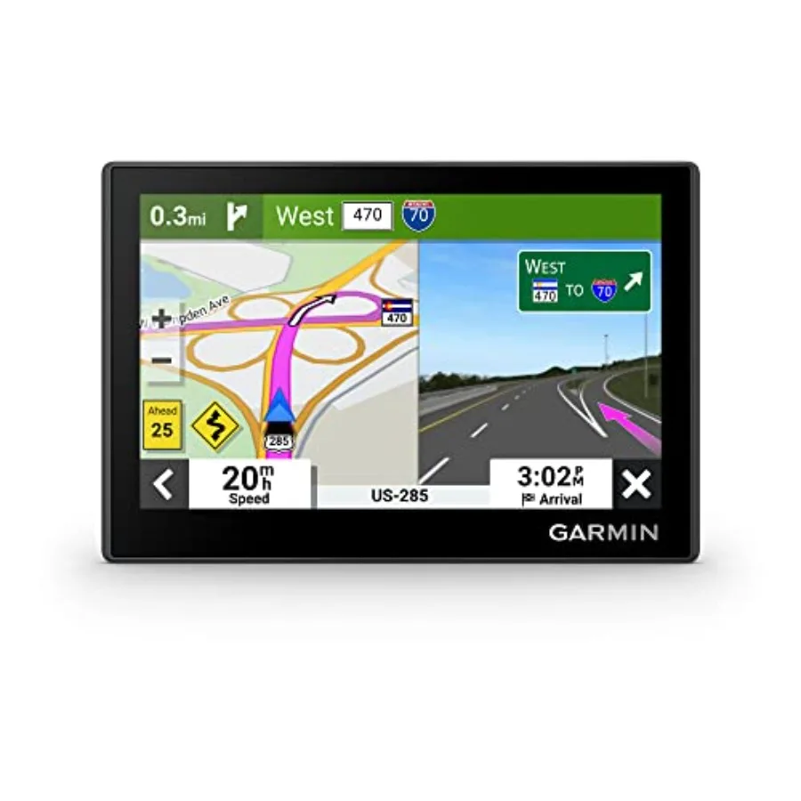 

GPS Navigator for driving, plastic black device with high-resolution touchscreen, simple menus and clear maps plus driver alert