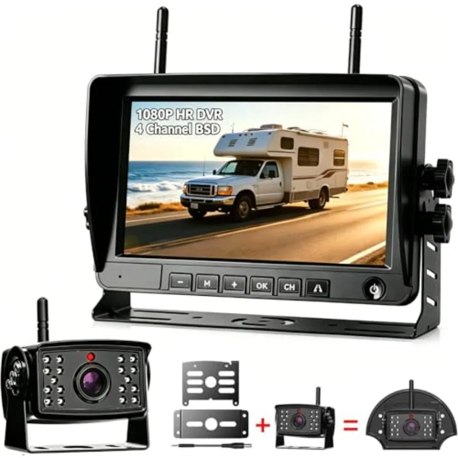 

RV Backup Camera System: 7 Inch 1080P HD Wireless Monitor with DVR, 4-Camera Support, BSD Alert, 18 LED IR Night Vision, IP69 W