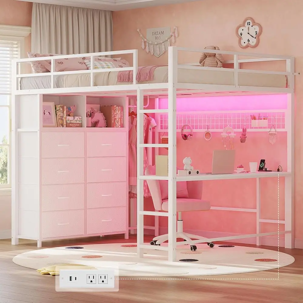 

White Space-Saving Loft Bed with Desk, 8 Drawers, LED, Metal Frame, Power Outlet, 2 Shelves, and Clothing Rack