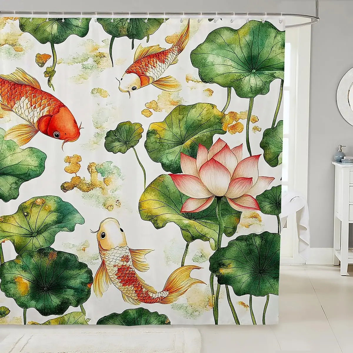 Carp Fish Shower Curtain Set,Japanese Style Bathroom Curtain,Kids Teens Adult Lotus Flower Leaves Waterproof Fabrics Vintage