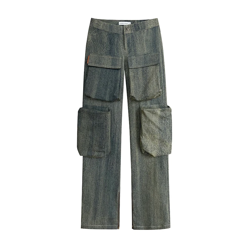 Washed Brushed Low Waist  Denim Pants Distressed Overalls Women's Stretch Blue Green High Street Fashionable Hip Hop Trousers