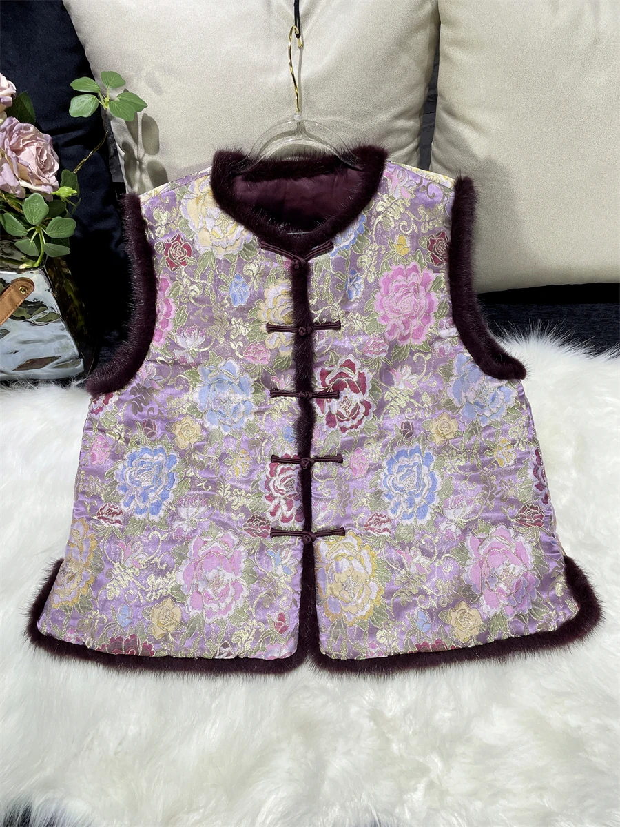 

Новый китайский национальный тренд, шелковый жилет с вышивкой Cloud Silk Mink, жилет на хлопковой подкладке, фиолетовый очаровательный пион