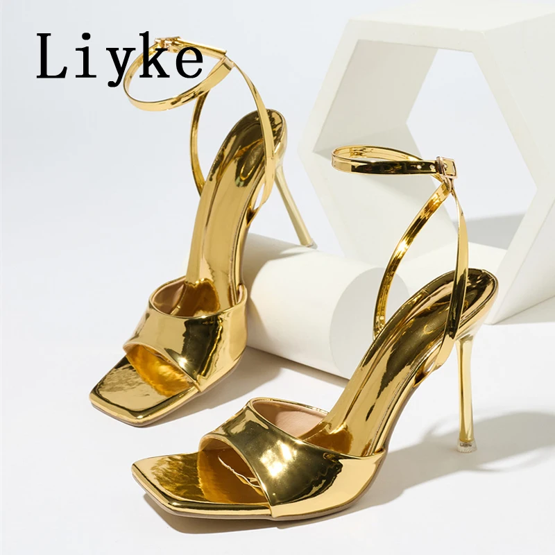 

Liyke Fashion Gold Square Toe Patent Leather Women Gladiator Sandals Sexy Ankle Strap Buckle Thin High heels Summer Office Shoes