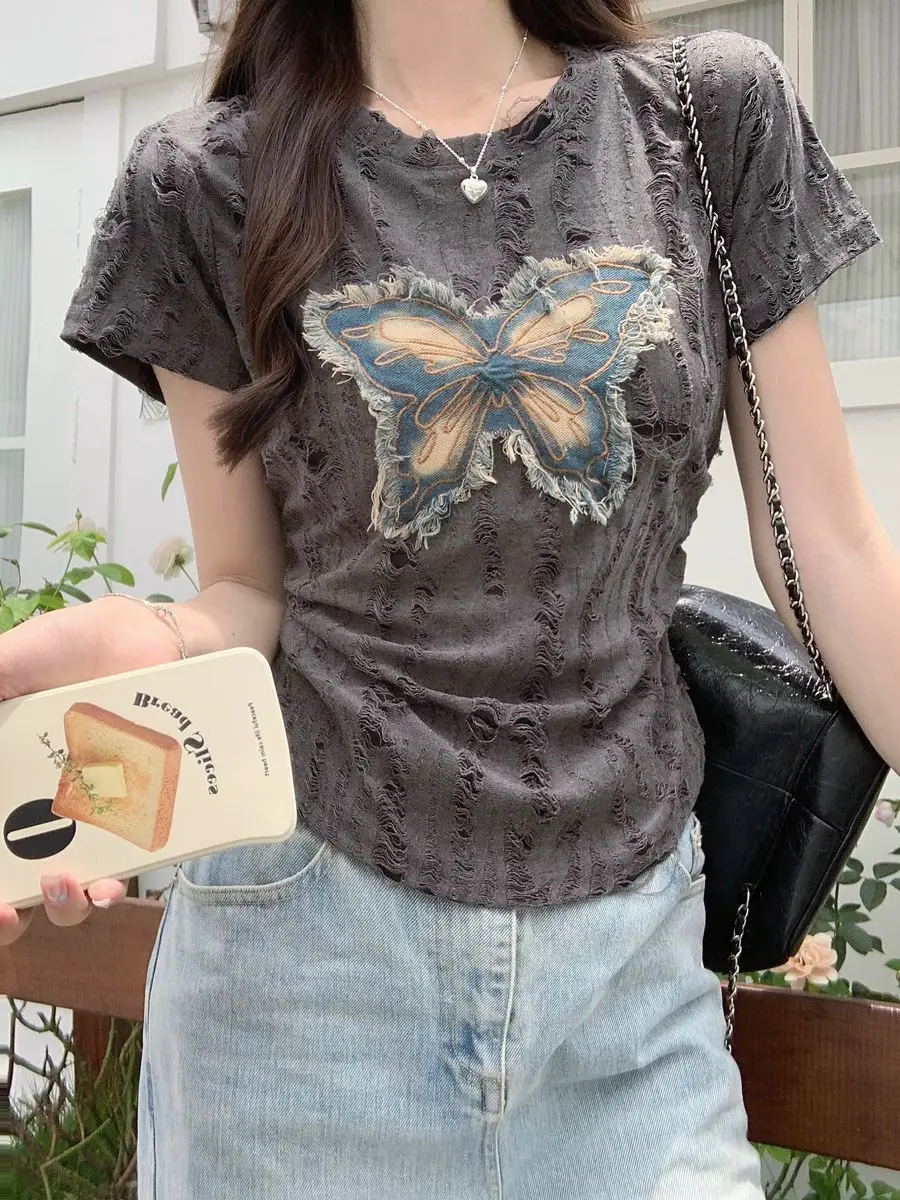 

Cotton Summer Outfit Break Hole Grey Butterfly Women's T-shirt Elegant Korean Fashion Y2k Korea Goth Emo Sale Yk2 Tee Top Female