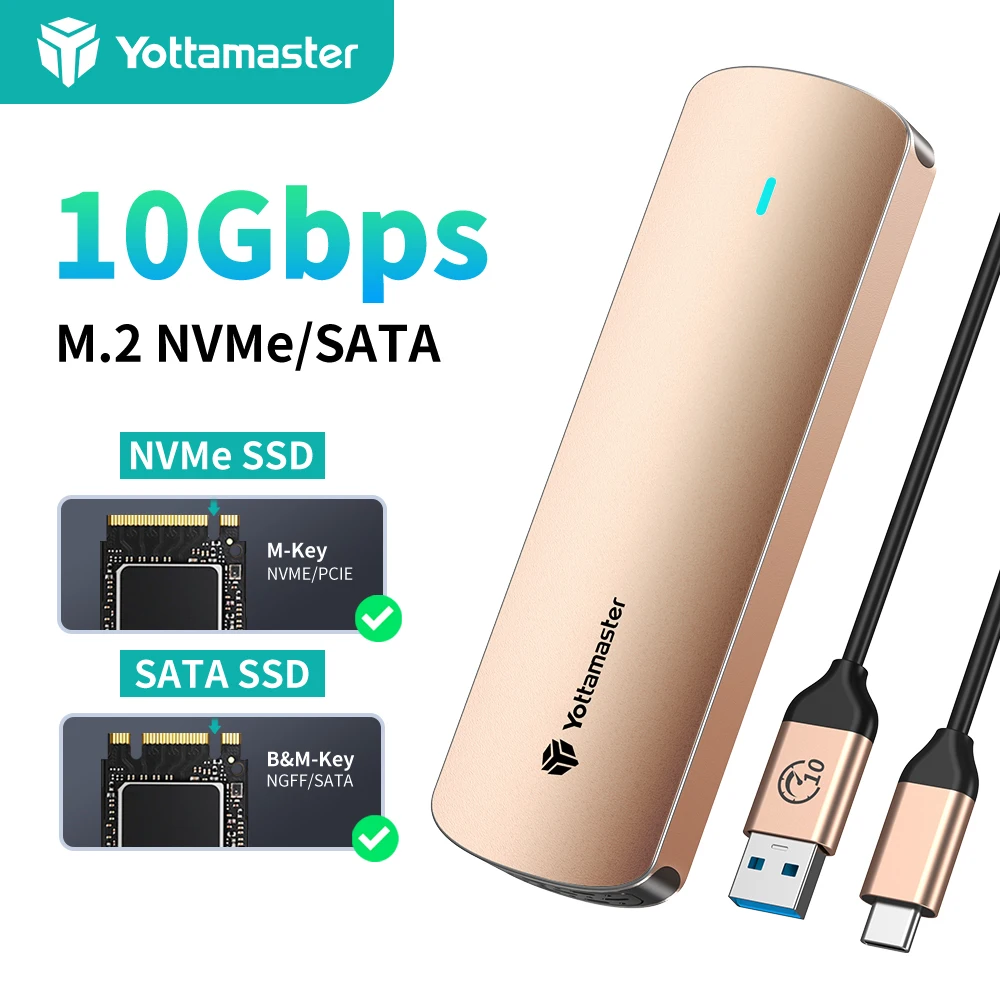 

Yottamaster M.2 NVMe SATA SSD Enclosure Dual Protocol 10Gbps NVMe,5Gbps SATA Hard Disk Case External Solid State Drive Adapter