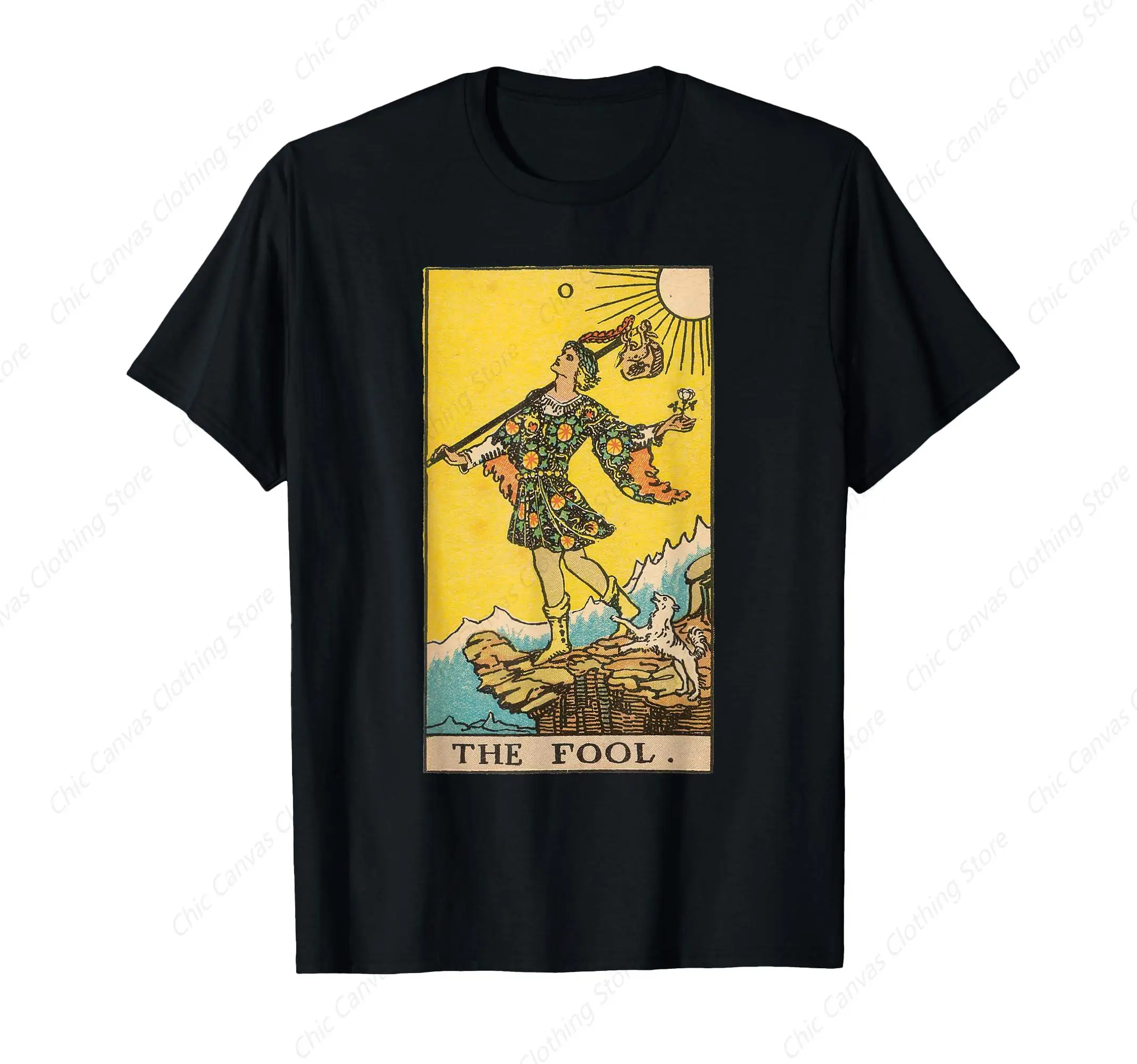 

Classic Tarot Card Fool Print T-Shirt Retro Personality Black Shirt Pure Cotton Comfortable Round Neck Short Sleeved