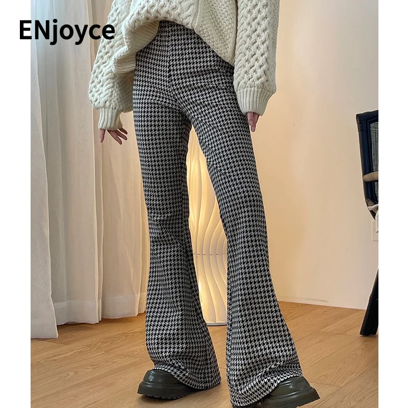 Women Vintage Plaid Check Flared Pants Fall Winter Ladies Streetwear Korean Fashion Straight High Waist Slim fit Trousers