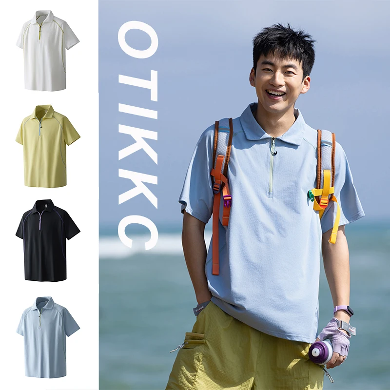 outdoor-american-half-zip-polo-shirt-short-sleeved-men's-summer-thin-fashion-brand-high-street-loose-lapel-t-shirt