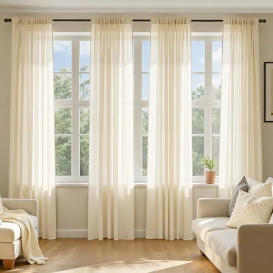 Butter Cream Sheer Curtains 84 Inches Long, 4 Panels Set, Rod Pocket Voile Drapes Light Filtering and Semi Transparent, Elegant