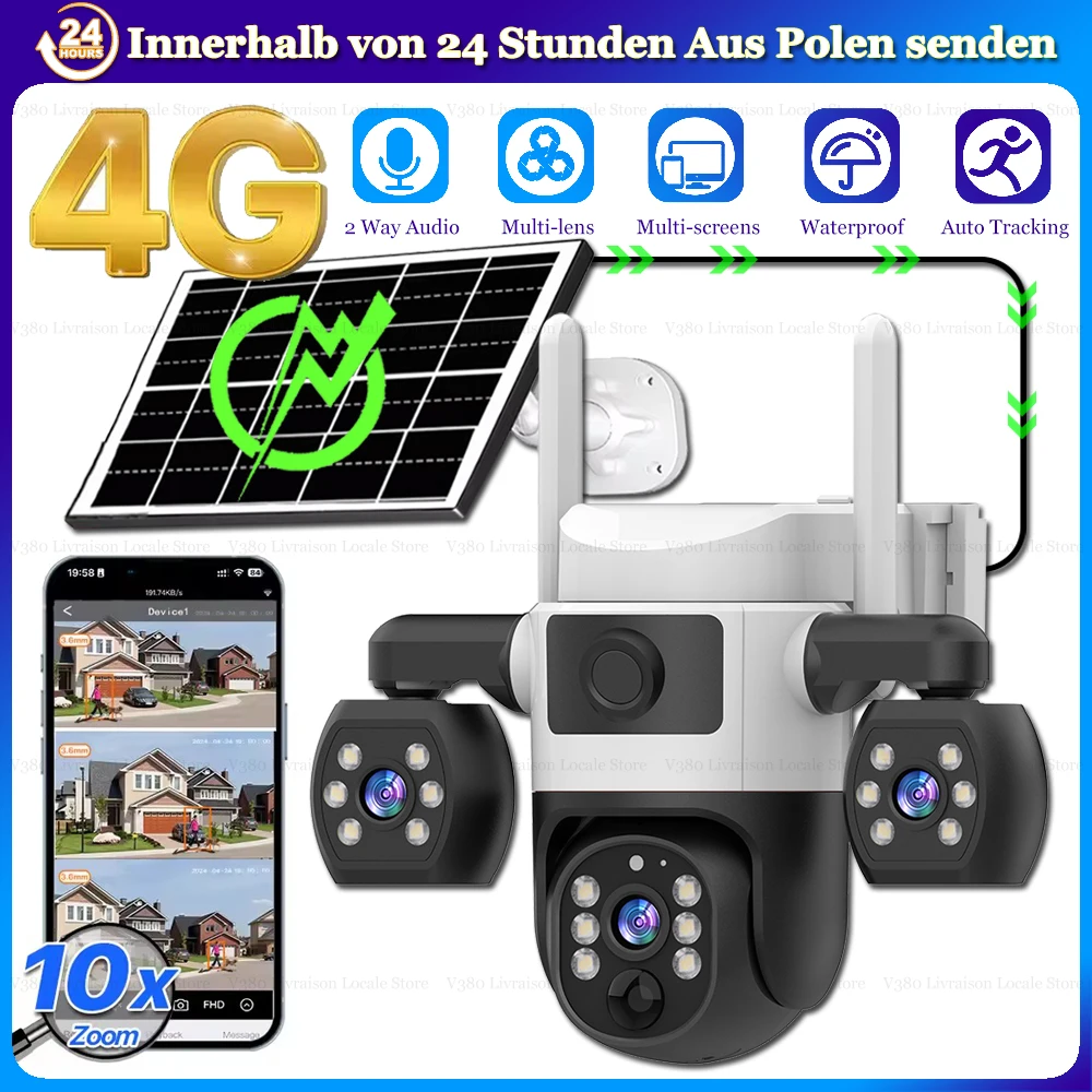 4G-Solarkameras mit SIM-Karte, kostenlosen Daten, Smart Home 360°-Fernüberwachung, PTZ-Monitor, wasserdichter Outdoor-Sicherheitsschutz, kabellose HD-Nachtsicht, eingebauter Akku,