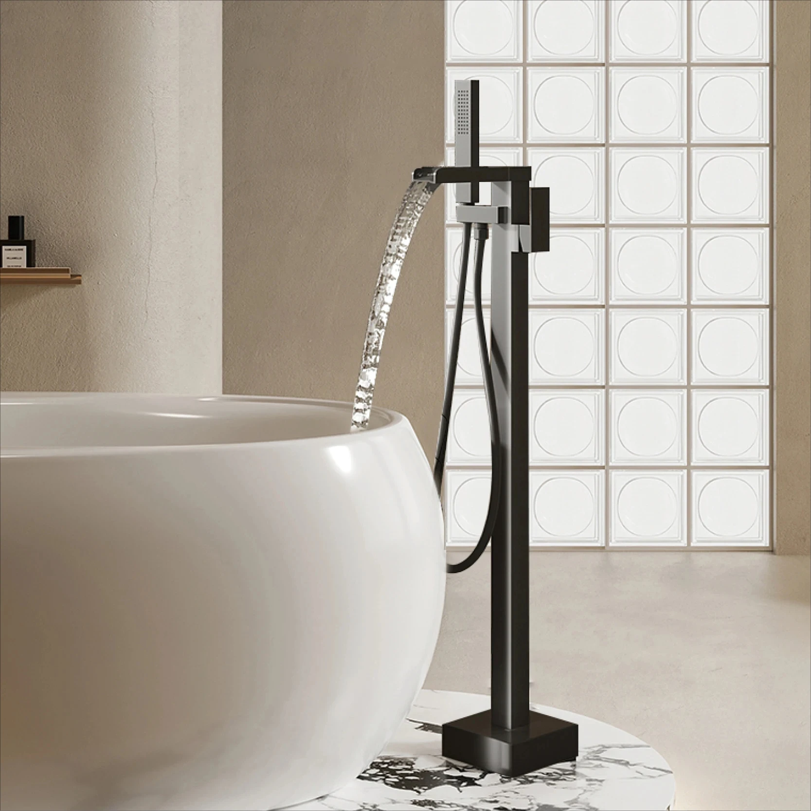 

luxury black brass floor standing bathroom faucet with waterfall water outlet design, hot and cold bathtub Mixer