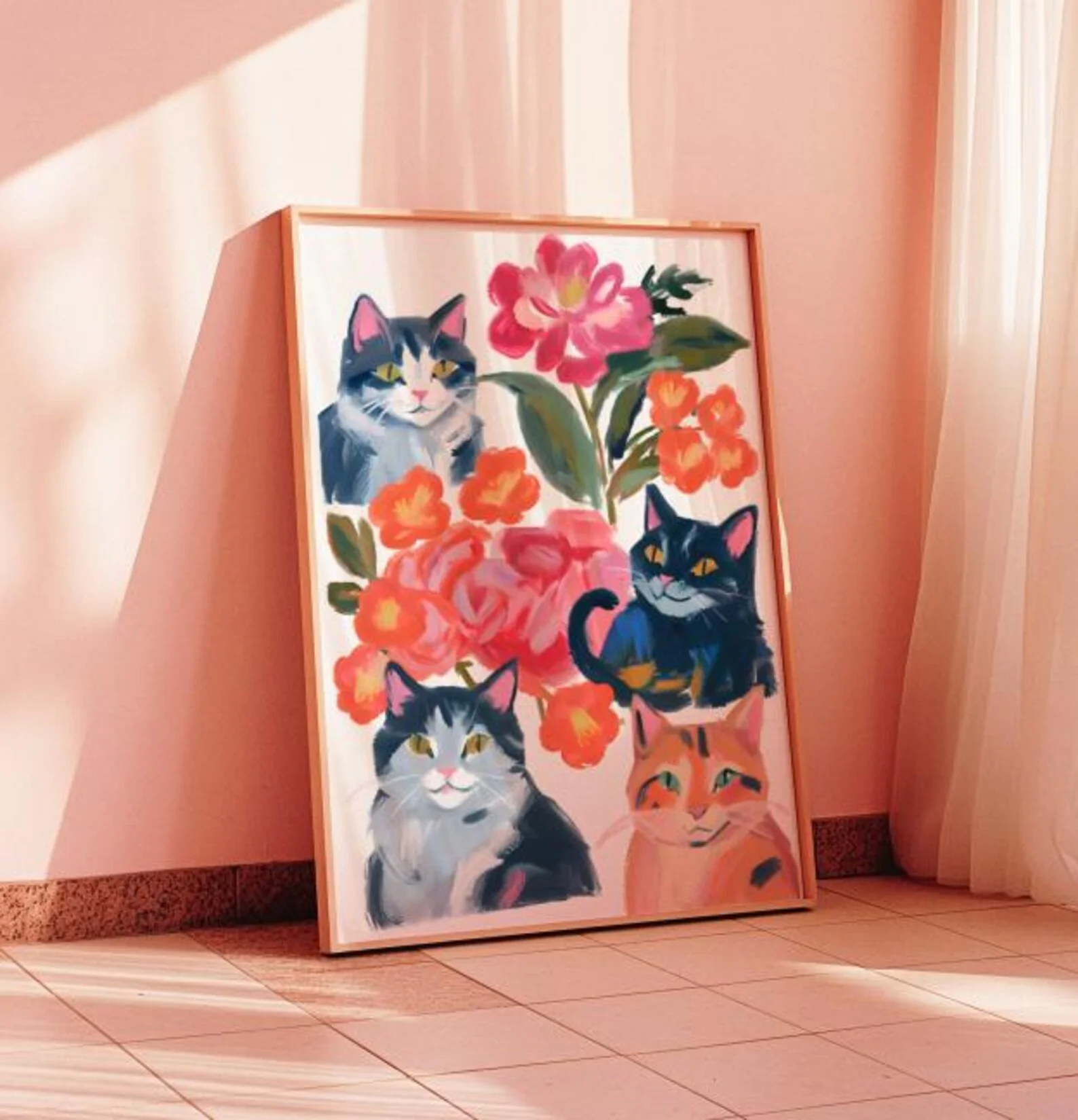 Blumenkatzen – Katzenposter, Blumen und Katzen, Blumenkunstdruck, Katzenkunstdruck, Katzenillustration, Blumenwanddekoration, Geschenke für Katzen