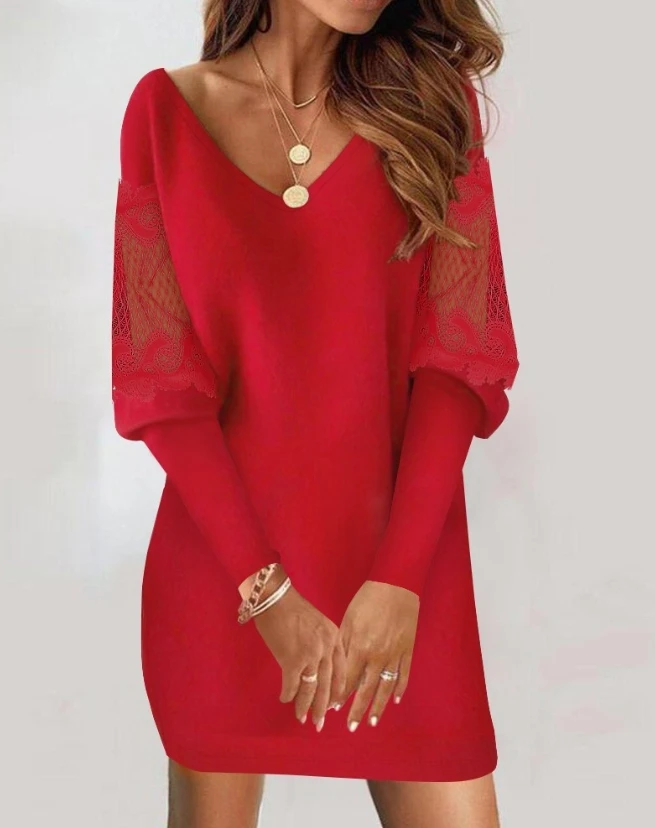 Womens Dresses Spring Fashion Contrast Lace Gigot Sleeve Casual V-Neck Plain Long Sleeve Daily Mini Straight Dress