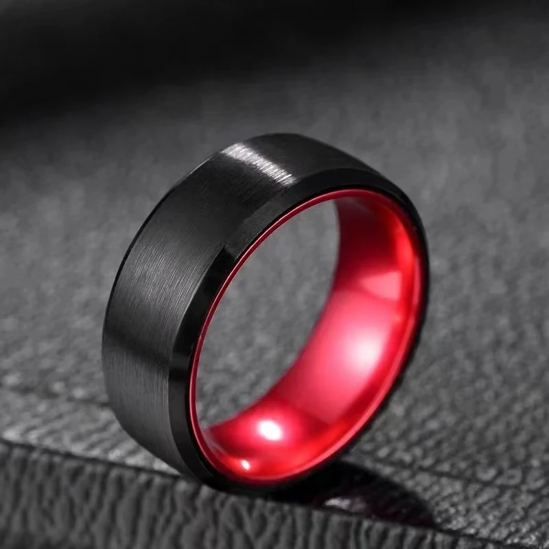 Luxury Jewelry Accessories Men\'s 8MM Stainless Steel Ring Red Black Brushed Titanium Steel Rings for Men Engagement Wedding Band