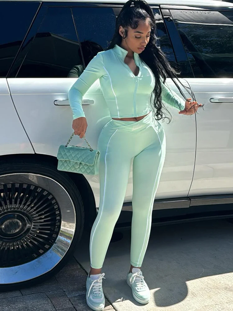 

InGrily Sporty Casual 2 Piece Set Tracksuit Elastic Patchwork Stripe Tight Zip Crop Jacket+Leggings Matching Streetwear Suits