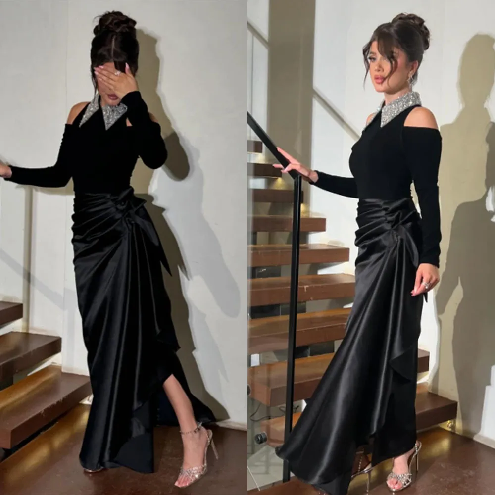 Vestido elegante de tres cuartos con cuentas negras y cuello alto personalizado de alta calidad para mujer para fiesta de boda