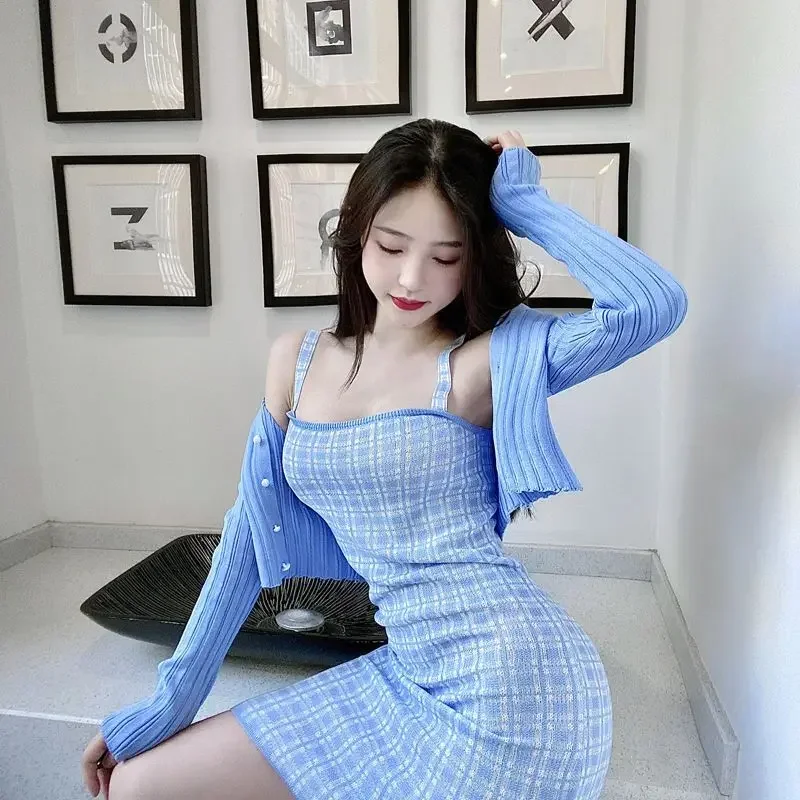 Crochet Beach Plaid Knit Women\'s Two Piece Set Long Sleeve Party Dress Sexy Female Outfits Clothing Luxury Y2k Streetwear Jacket