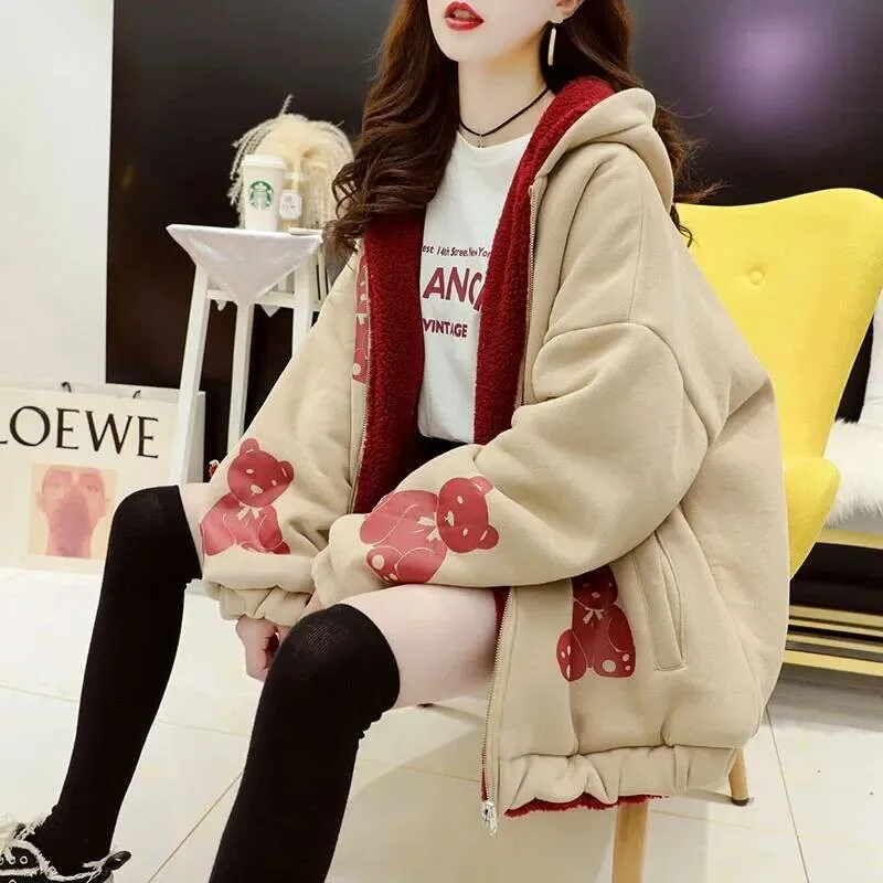 

Thickened Lamb Velvet Zipper Hoodie Women's Long Sleeve Coat With Bear Pattern Inside Color Block Design Casual