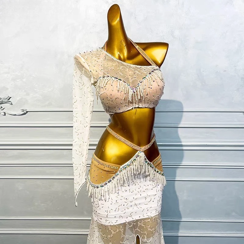 Customized White Oriental Belly Dance Costumes Practice Performance Dress Set Female Sexy Modern Dance Dress Belly Dancing Bra